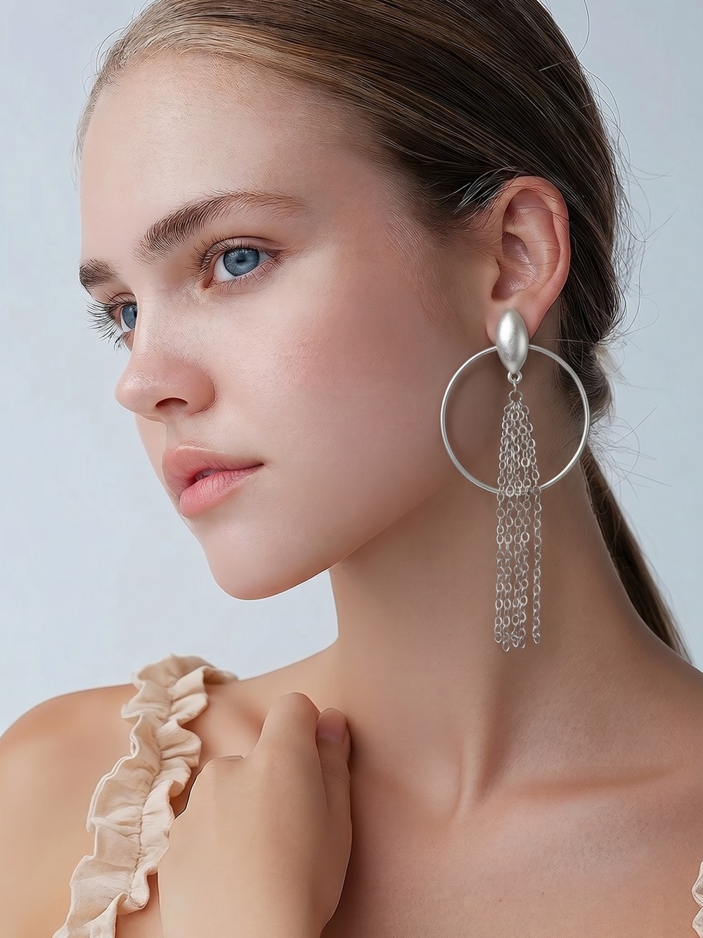 Silver Hoop Tassel Drop Earrings - Women Jewelry